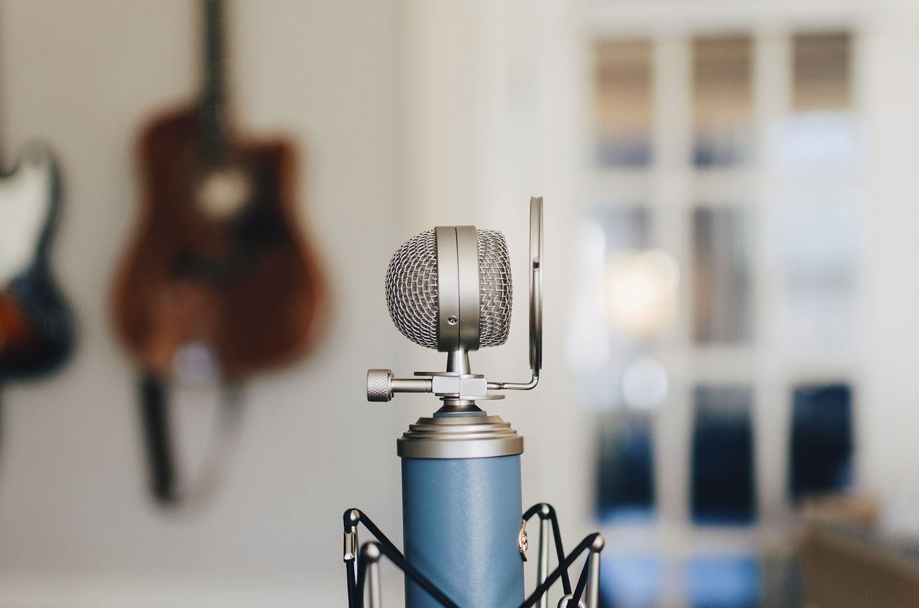 A small bluebird microphone on a stand